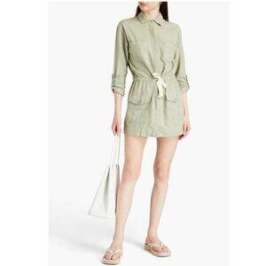 MONROW Gathered Cotton-twill Mini Shirt Dress In Sage Green - S